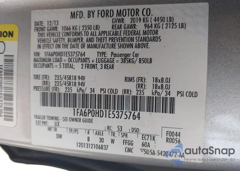 2014 Ford Fusion Se z USA, uszkodzony, nr VIN 1FA6P0HD1E5375764